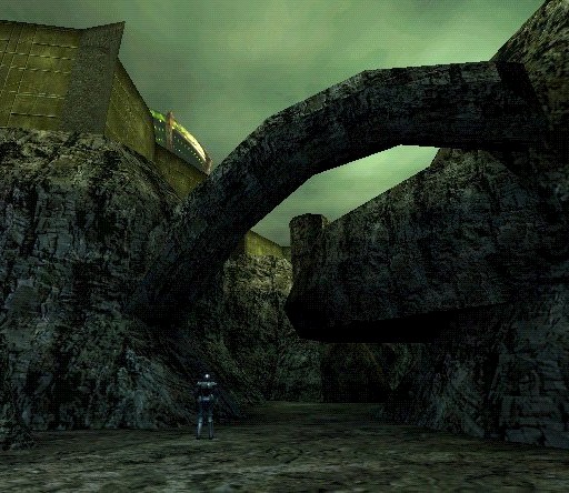 Land Bridge: This was my first 3D Studio MAX in-game model, set on the Sectoid home world. You can see one of the X-COM troopers below it and a Sectoid building above.