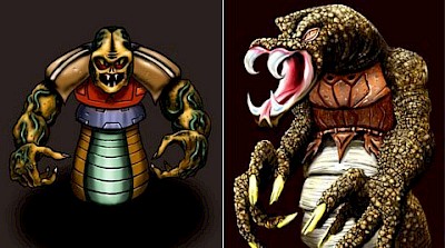 Two concepts for the Snakemen. The first, a close copy of the X-COM UFO Defense games. The second, a more naturalistic type.